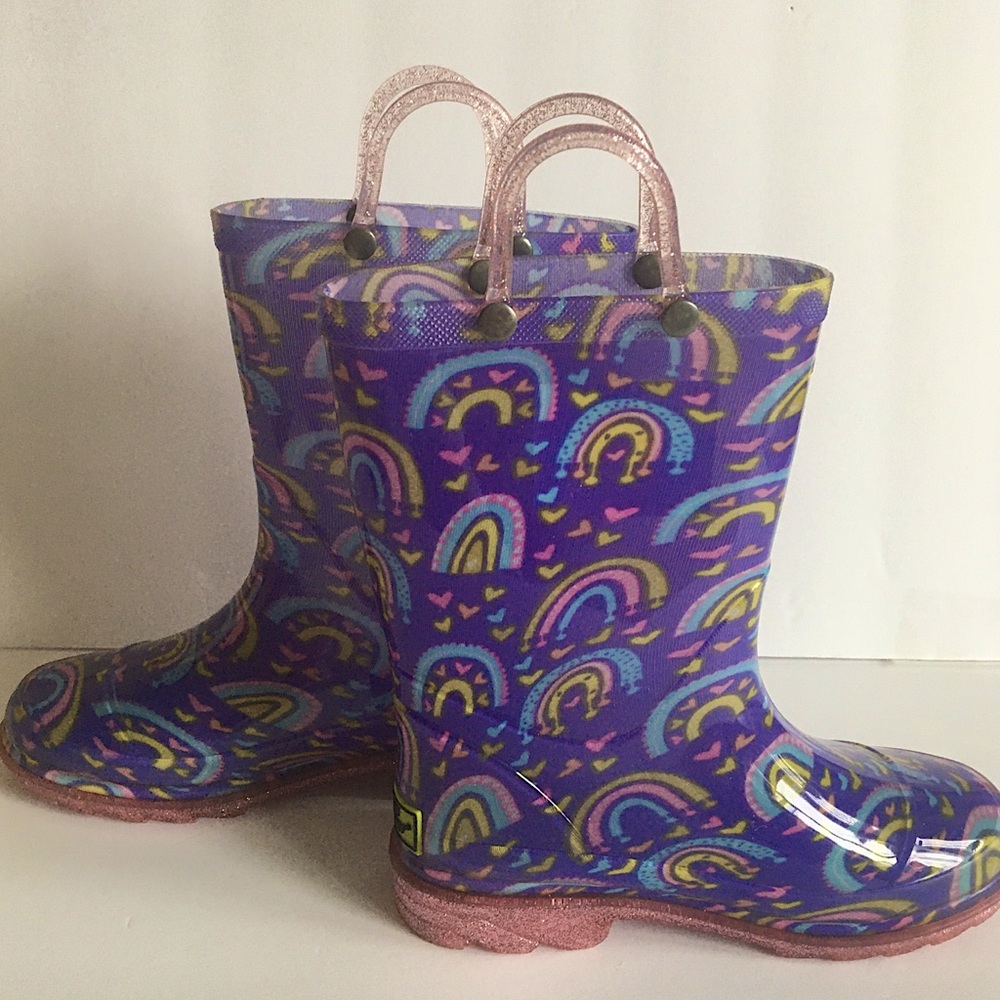 Western Chief preowned Purple Rainbows Pink Hearts Waterproof Rain Boot 11T NWOT